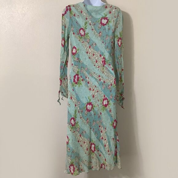 Vintage 90s Blue Feminine Romantic Dainty Floral Fairy Midi Dress Size 6 Formal - Picture 4 of 7